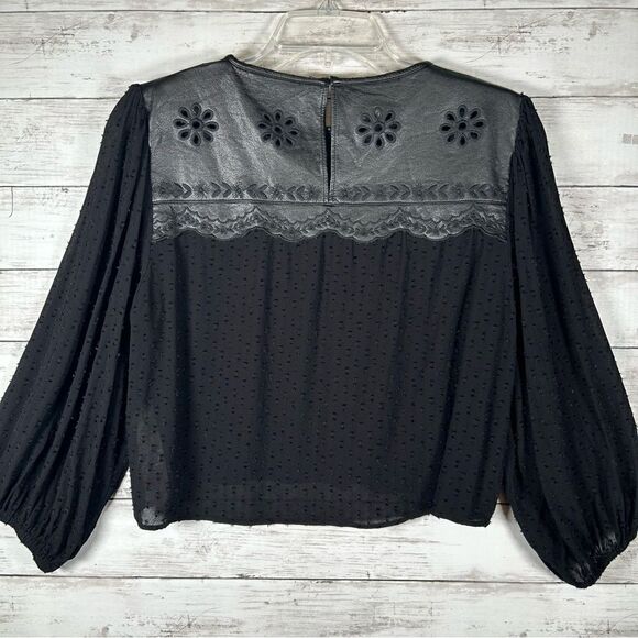 ZARA Faux Leather Embroidered Pindot Chiffon Black Cropped Top L - Picture 2 of 7